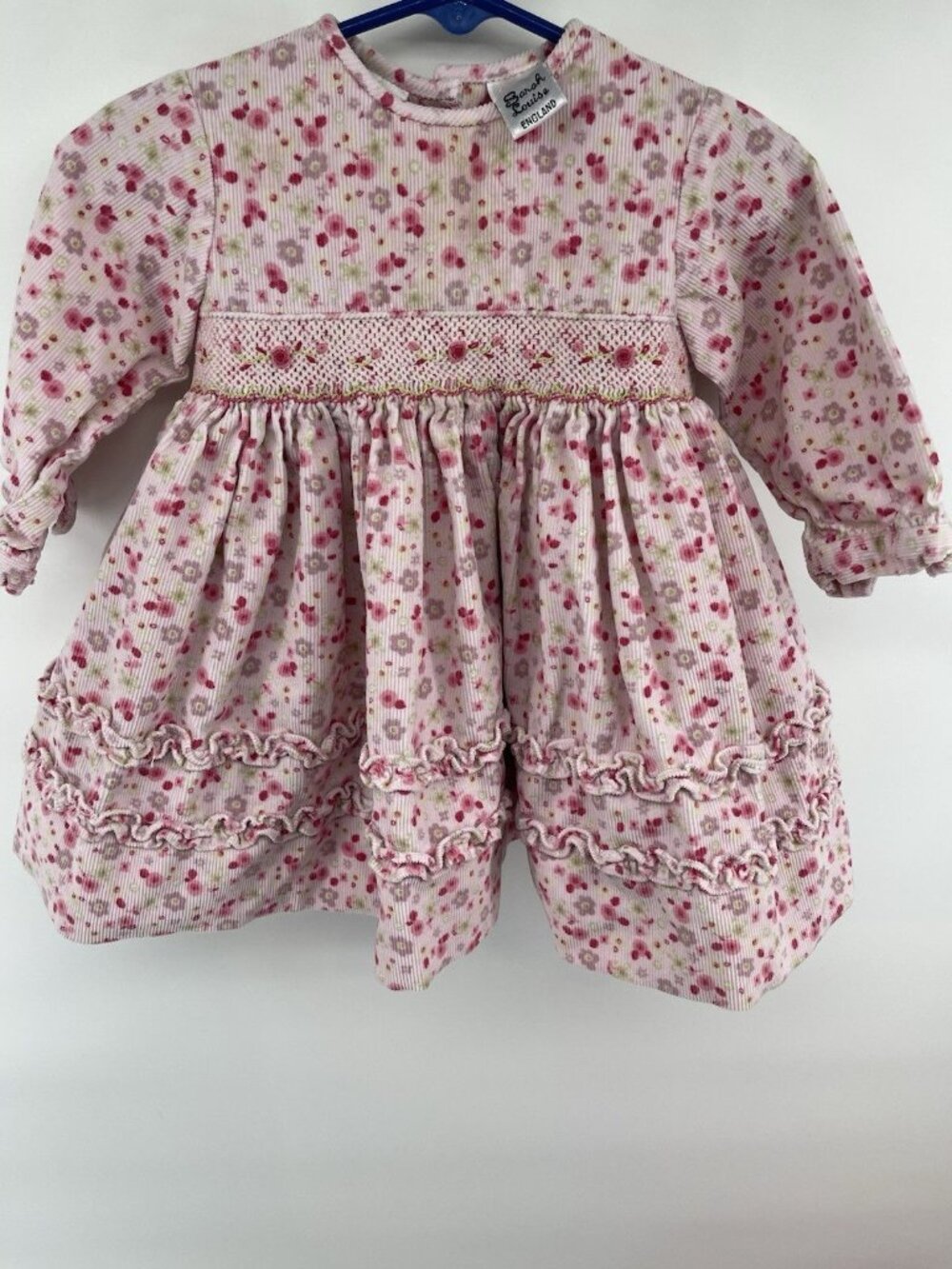 Sarah Louise England Girls Smocked Floral Corduroy Dress Pink Green 2T Lined